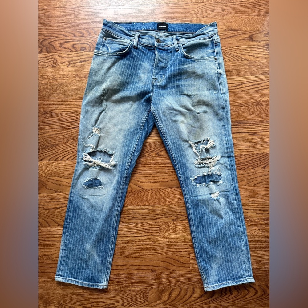HUDSON Blake‎ Slim Straight Cropped Denim Blue Jeans Distressed Striped 33